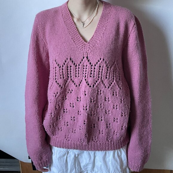 Pink Handmade Knit Sweater, Pullover V-neck - Picture 3 of 9